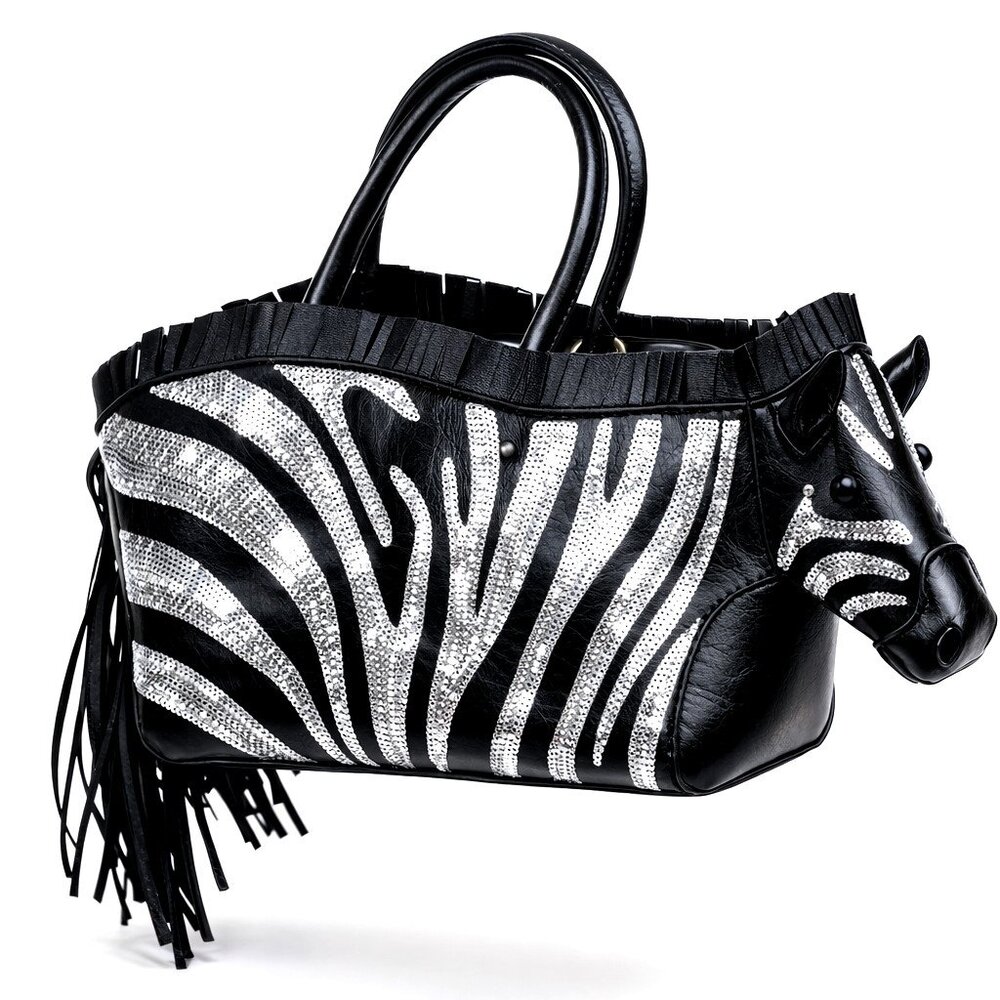 Black Zebra-Print Fringe Tote Bag with Removable Strap - Picture 4 of 7